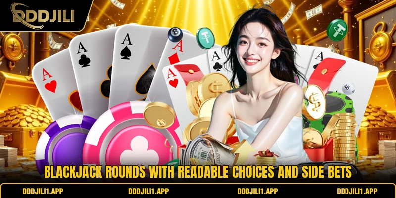 Blackjack rounds with readable choices and side bets