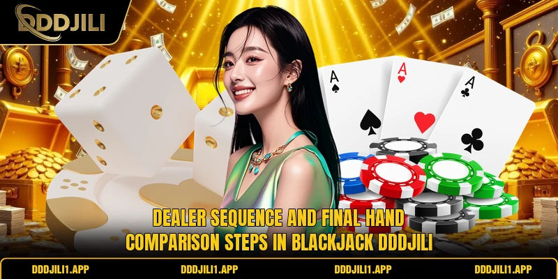 Dealer sequence and final hand comparison steps in Blackjack DDDJILI