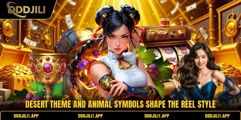 Desert theme and animal symbols shape the reel style